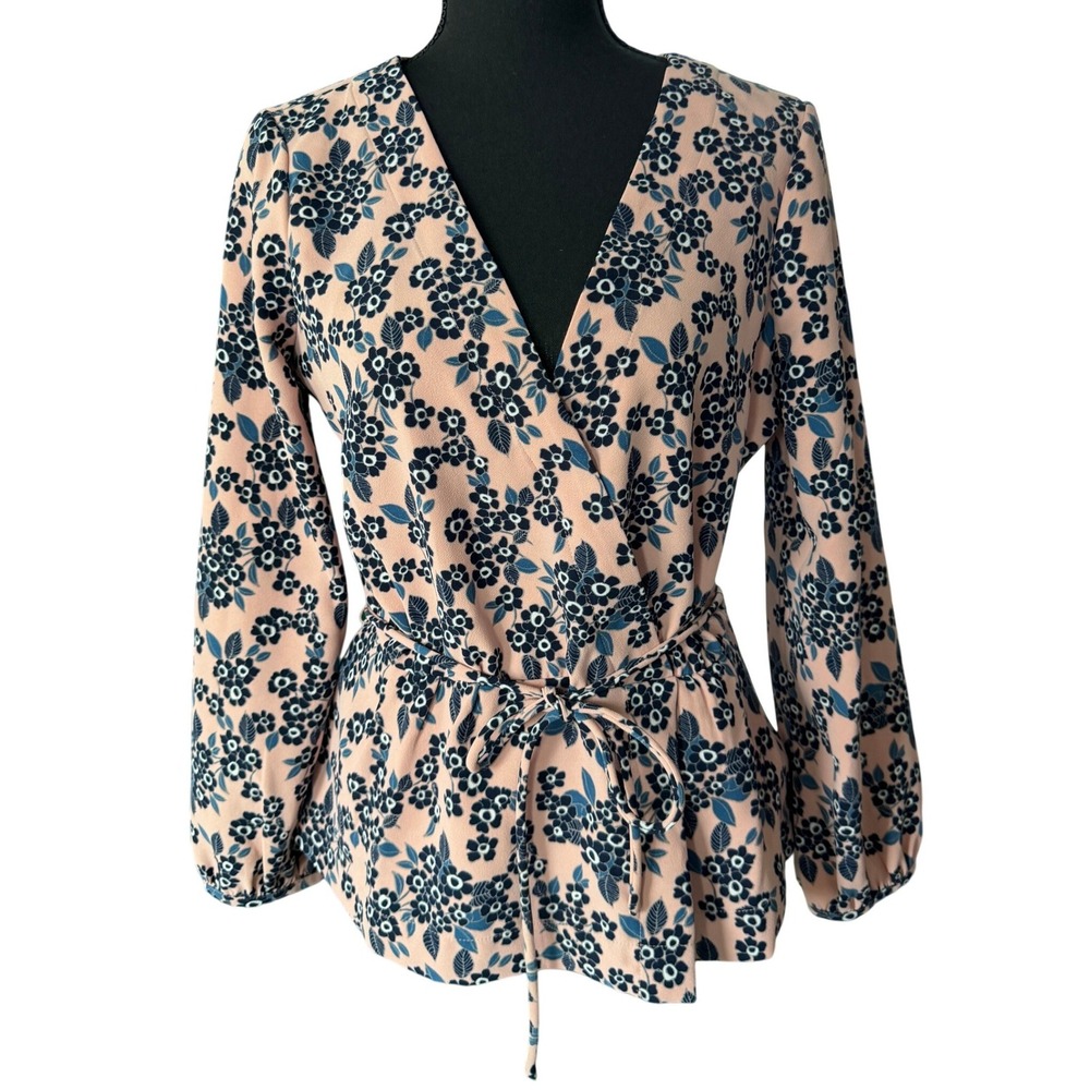 J Crew Pink Floral Wrap Peplum Blouse Long Sleeve Tie Waist Size S Preppy Spring